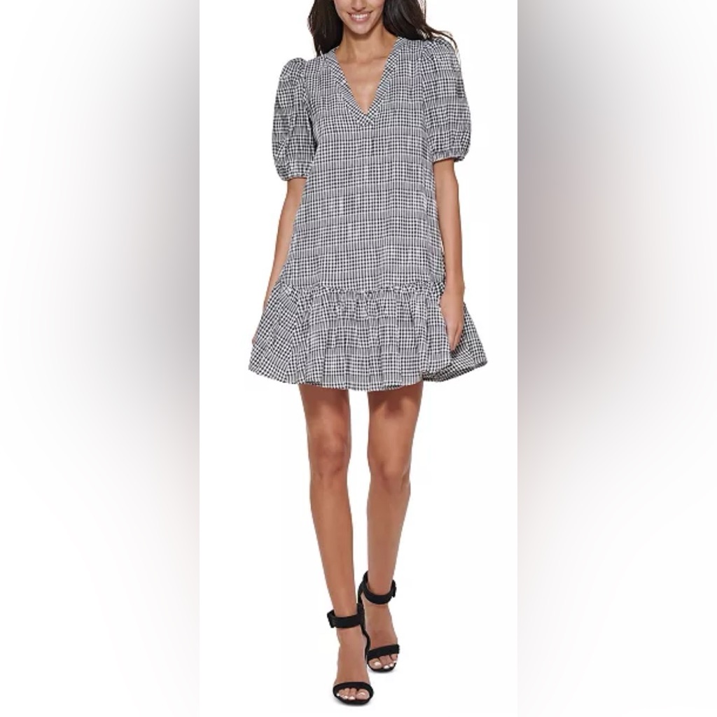 Calvin Klein Petite Puff-Sleeve Gingham A-Line Dress Nwot (0006)